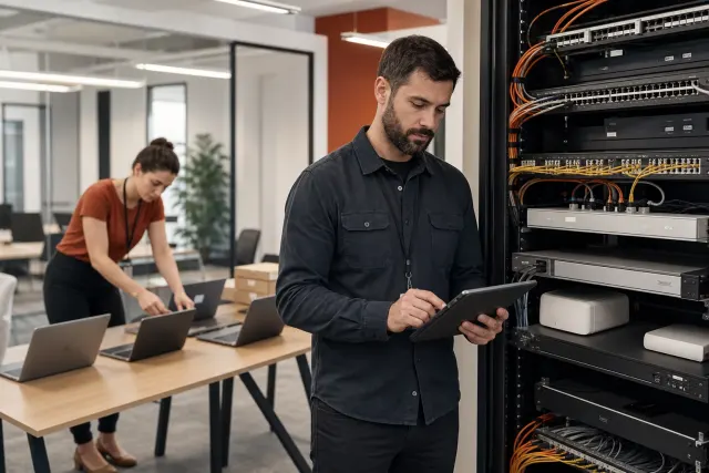 IT engineer configuring secure office network equipment during a deployment project